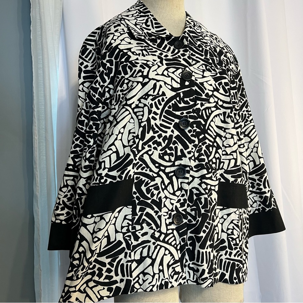Sag Harbor Blazer Jacket Size 14 Linen/Rayon Blend Black/White 3/4 SleeveSag